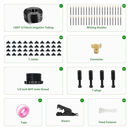 120FT Drip Irrigation System for Garden – Automatic Watering Kit with Solid Brass Metal Connectors, 360° Bendable Tubing &40 Adjustable Nozzles for Greenhouse, Lawn, Yard & Plants