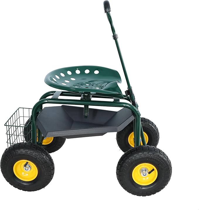 Heavy Duty Garden Cart Rolling Scooter with Adjustable Swivel Seat, 360° Rotation, 10" Pneumatic Tires, Extendable Steering Handle & Tool Basket – Outdoor Yard Gardening Seat with Storage Tray (Green)
