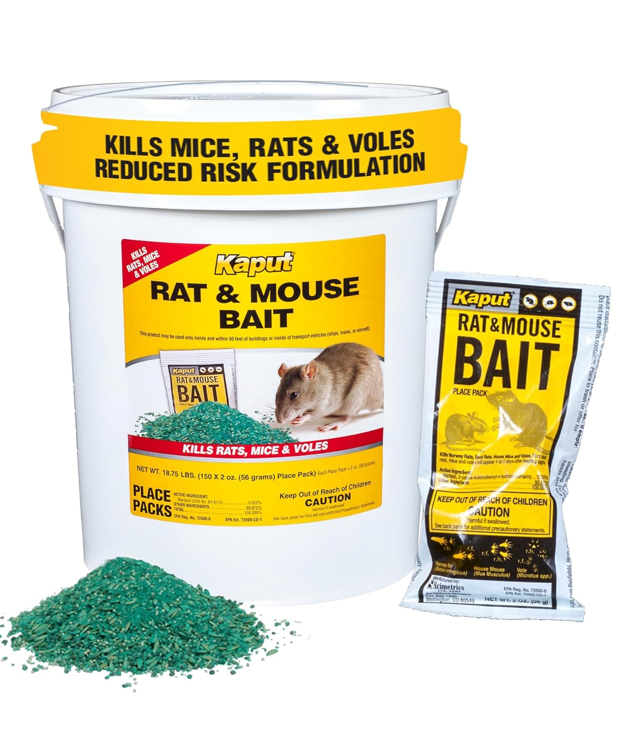 Kaput Rat & Mouse Bait- Effective Warfarin Formula for Rodent Control - Low Toxicity Rat Bait, Safe for Pets & Wildlife - Indoor & Near-Building Use, 32 Packets, 2 oz Each