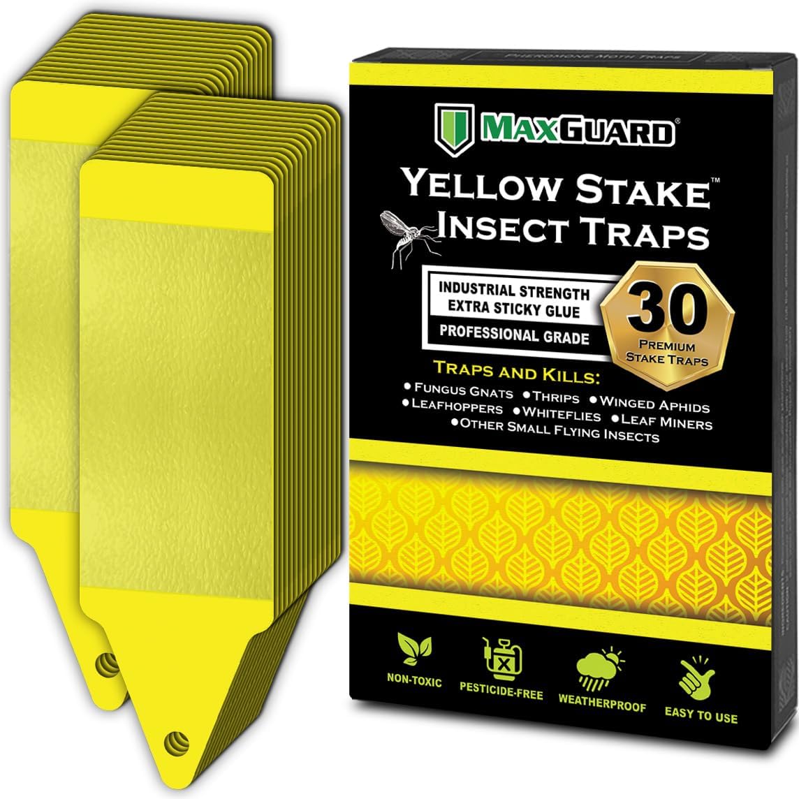 MAXGUARD (30 Pack) Yellow Stake Sticky Insect/Bug Traps - Catch and Kill Fungus Gnats, Whiteflies, Mosquitos, Aphids, Leaf Miners, Flying Insect Catcher Glue Trappers for Indoor or Outdoor