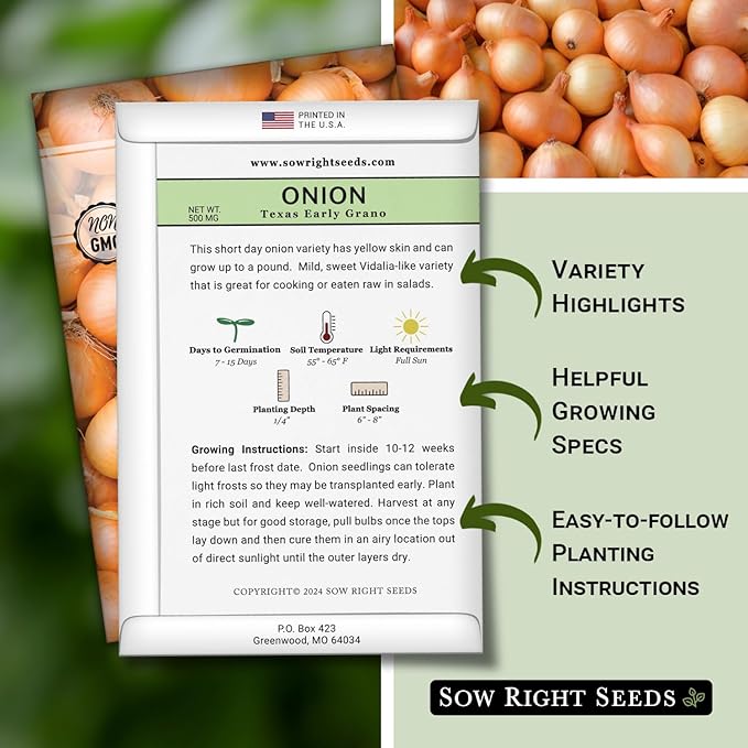 Sow Right Seeds - Texas Early Grano Onion Seeds for Planting - Non-GMO Heirloom Packet with Instructions to Plant a Home Vegetable Garden - Grow Classic Yellow Short Day Onions - Kitchen Staple