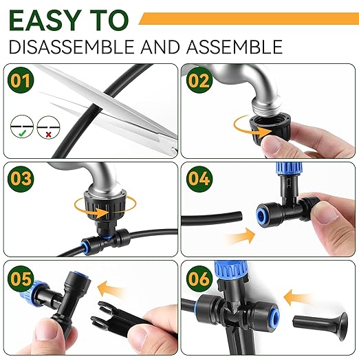 Meonum 65FT Greenhouse Watering System, Quick Connector Hanging Plant Watering System Automatic Mist Irrigation Kit with 1/4'' Blank Tubing, Two way Faucet Connector, Adjustable Misting Nozzle(1 Pack)