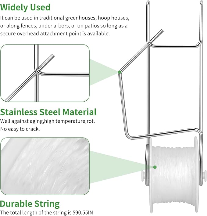 10 Pack Tomato Roller Hooks with 49.2FT String,Tomato Roller Hooks for Greenhouse,Plant,Flower Vine Crop Trellis Kit