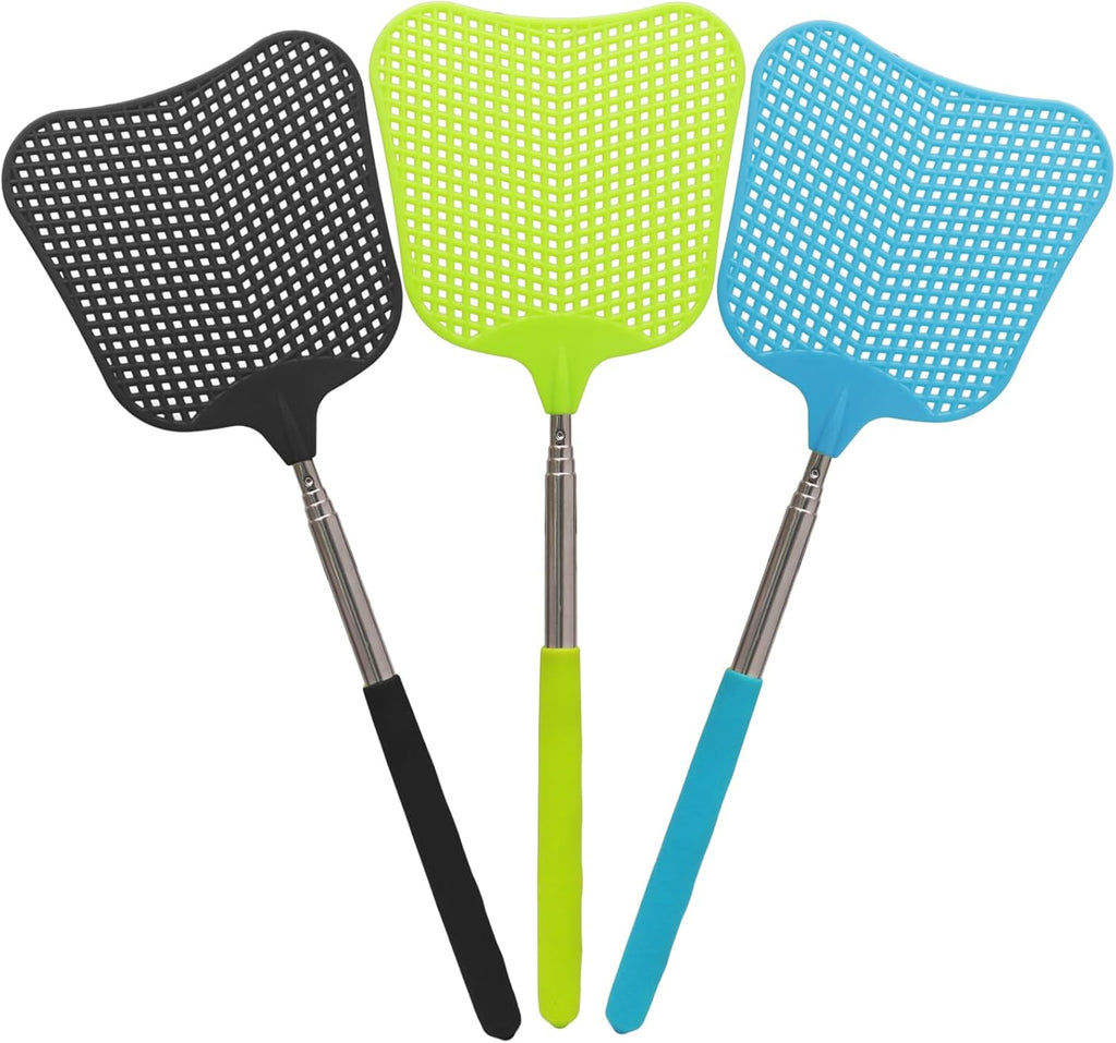 Litoexpe 2 Pack Telescopic Fly Swatter, Plastic Fly Swatter Heavy Duty Set, Manual Flyswatter with Stainless Steel Telescopic Handle for Indoors/Classroom/Office
