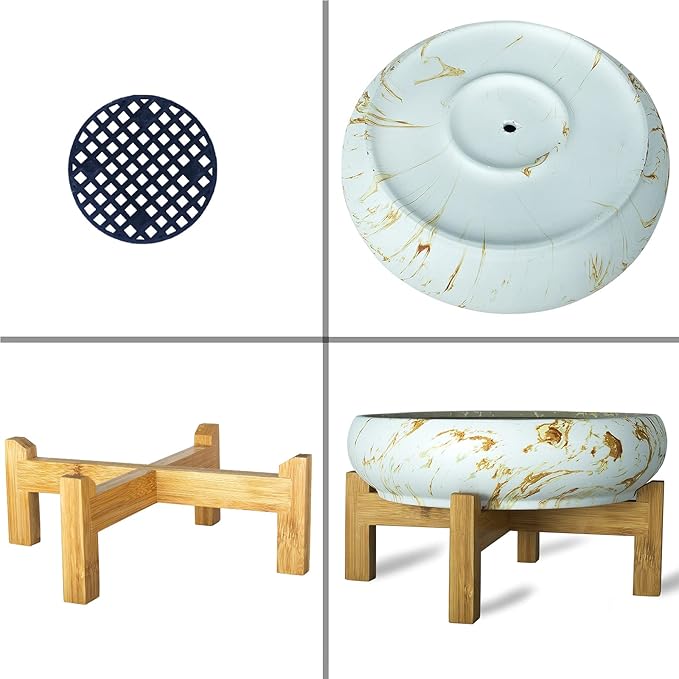 Succulent Pots with Drainage, 10 Inch Large Succulent Planters with 2.2lb Mix Pebbles, Planting Tools Set for Beginner, Shallow Marble Bonsai Pot with Stand Ceramic Pot for Indoor Cactus Flower Plants