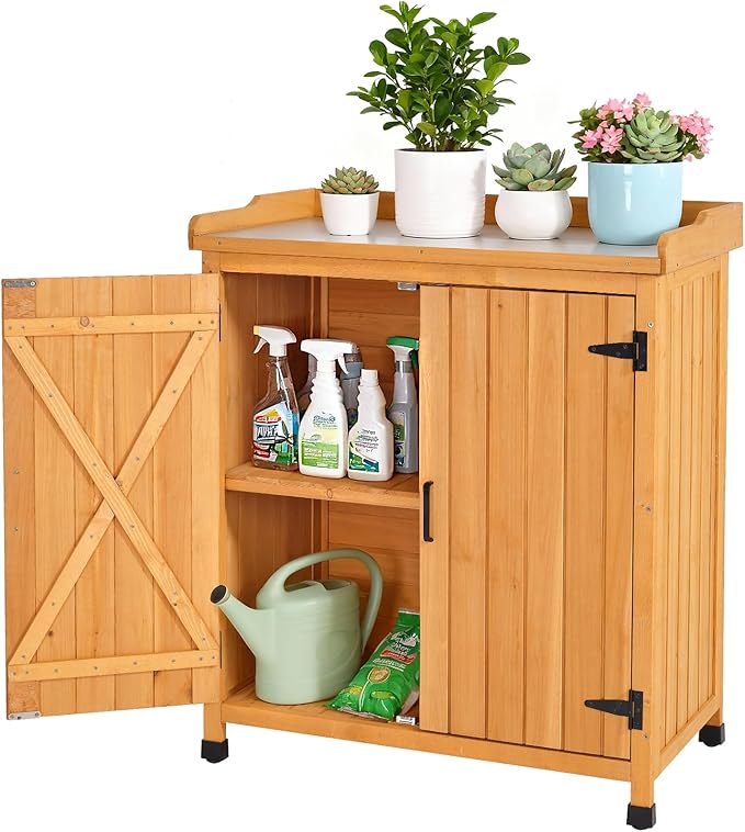 Outdoor Potting Bench with Metal Work Top,Waterproof Garden Storage Cabinet,Wooden Tool Station Shed for Backyard,Patio,Lawn Gardening