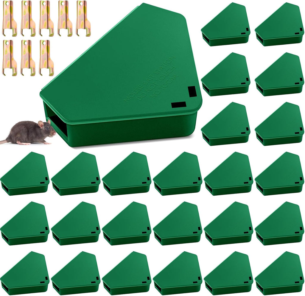 Qualirey 12 Pcs Mice Station with Key Triangle Bait Station Reusable Rodent Trap Box, Keeps Children and Pets Safe Indoor & Outdoor, Bait Not Included, Suitable for Small Mice (Black)