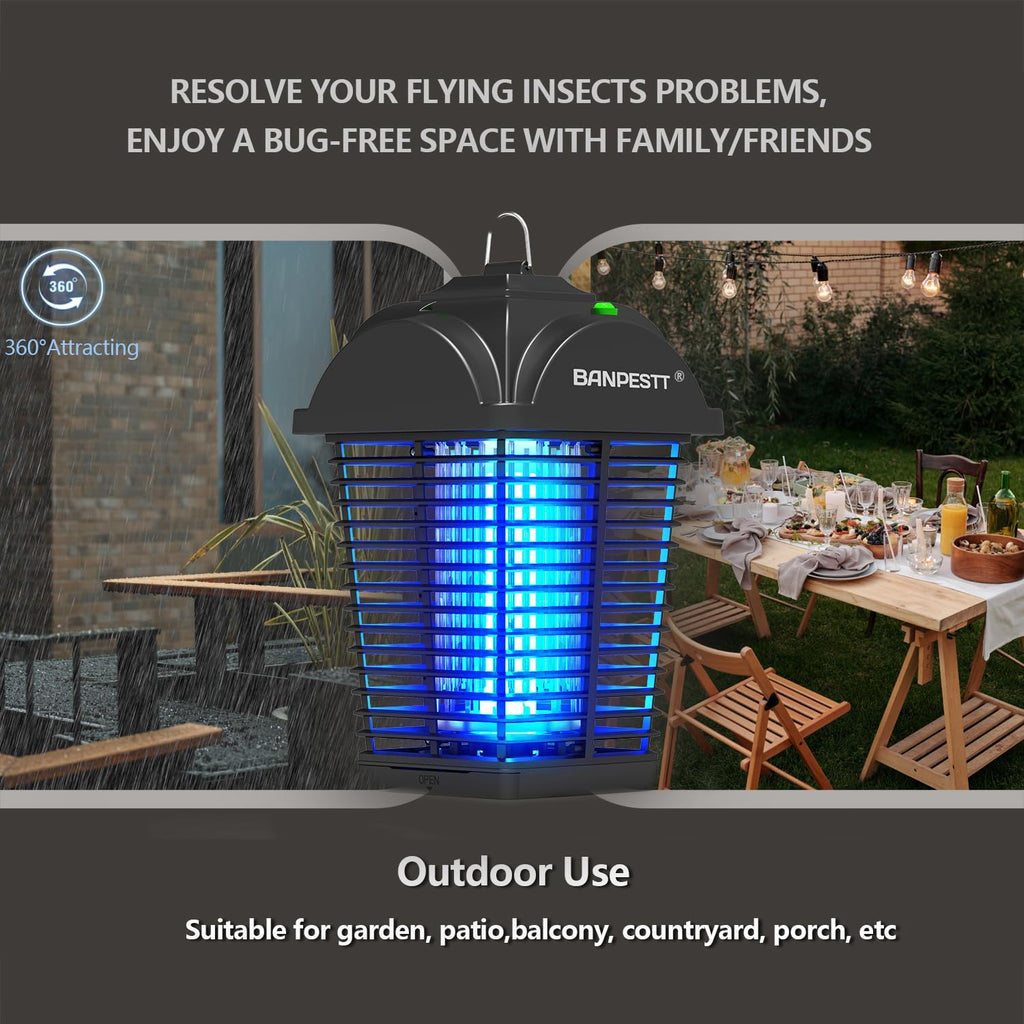 BANPESTT Bug Zapper & Electric 4000V Mosquito Killer – Waterproof Indoor/Outdoor with Dusk-to-Dawn Sensor, Durable Grid & Easy-Clean Tray for Patio, Garden & Home (Black)