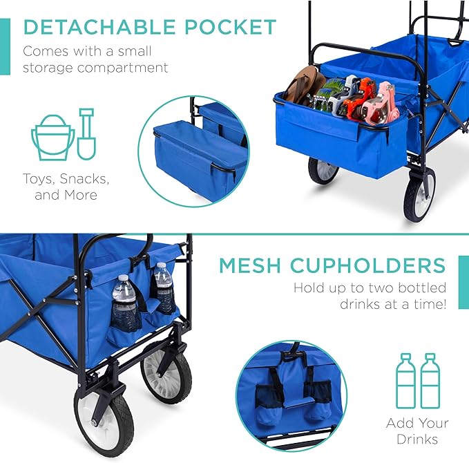 Best Choice Products Collapsible Folding Outdoor Utility Wagon with Canopy Garden Cart for Beach, Picnic, Camping, Tailgates w/Removable Canopy, Detachable Pockets, 150lb Weight Capacity - Blue