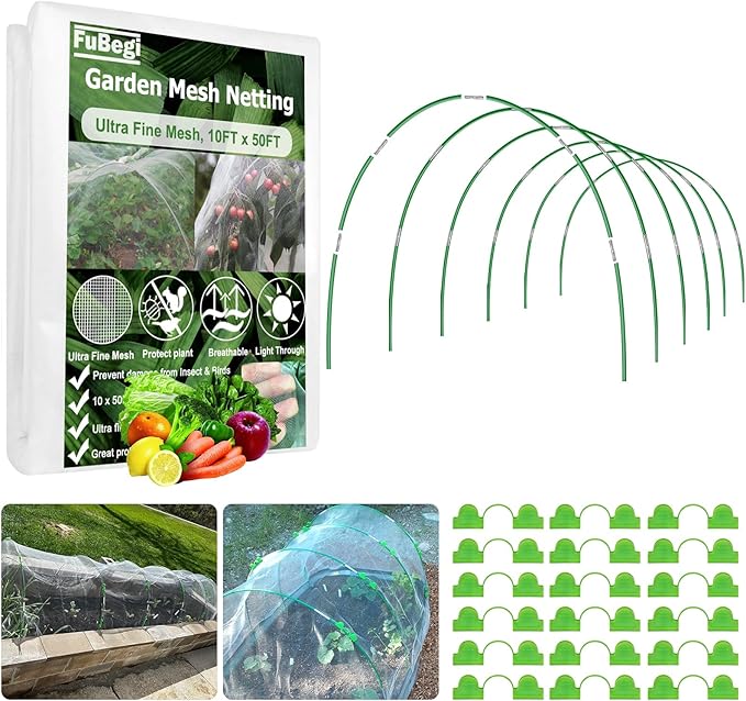 Garden Hoops and Netting for Raised Beds, Fiberglass Greenhouse Hoops Grow Tunnel with 10x50ft Ultra Fine Mesh Netting Kit Pest Barrier for Garden Protection, Deer Bird Insect Bug Gardening Plant Net