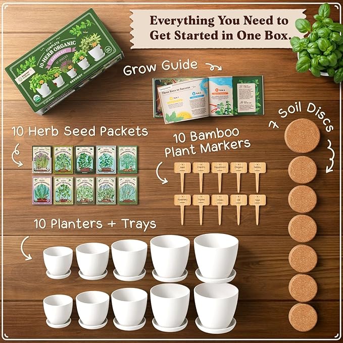Seedboy Organic 10 Herb Garden Starter Kit for Planting Indoor or Outdoor, Non-GMO USDA Certified Seed, Cool Unique Gift for Gardeners, Mom Birthday, Friends, Plant Lovers (Herb Garden Starter Kit)