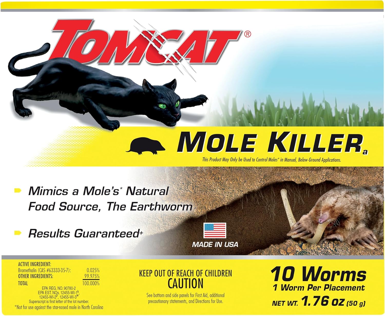 Tomcat Mole Killer(a), Ready-to-Use Worm Bait Strips that Mimic Earthworms, Kills Moles in One Feeding, 10 pk.