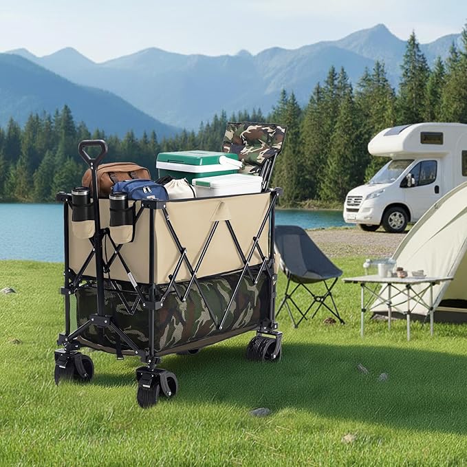 NEWBULIG Large Capacity Folding Double Decker Wagon with Brakes, 440lbs Wagons Carts Foldable Wagon Cart with Flexible Handle, All-Terrain Big Wheels for Grocery Sports Garden Camping