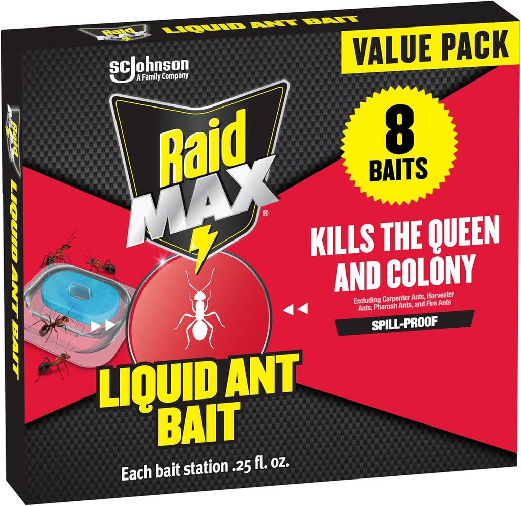 Raid Max Liquid Ant Bait; Kills Ants Where They Breed, for Indoor and Outdoor Use; 4 Bait Stations