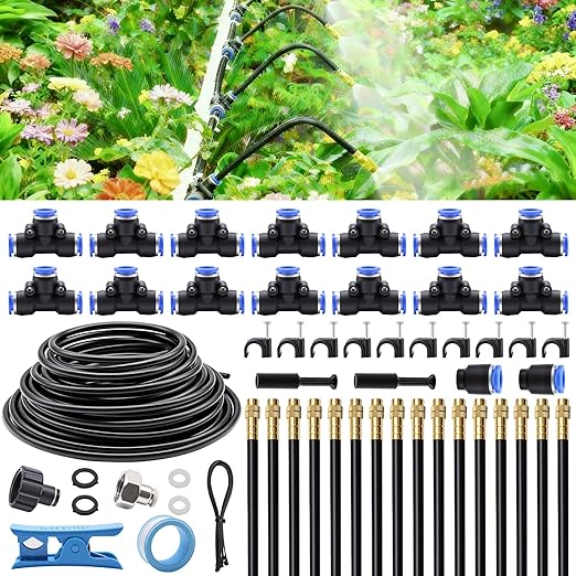 50FT 360° Adjustable Drip Irrigation Kits Automatic Garden Watering Misting Atomizing System with 16pcs Bendable Nozzles for Yard, Lawn, Plant, Greenhouse, Garden(5/16 inch Hose)