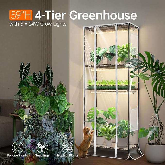 Bstrip Indoor Greenhouse with Grow Light, 23.5"x13.8"x59" Portable Metal Greenhouse Shelves with T8 2FT Full Spectrum Grow Light & Timer, Adjustable Plant Stand for Indoor Plant, Spring Seed Starting