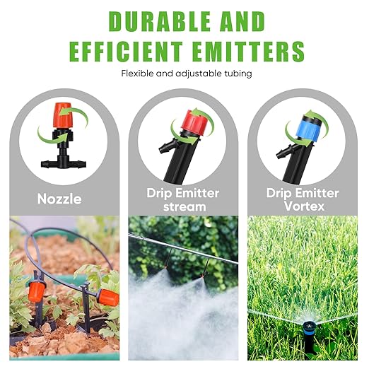 Yaomiao 394 ft Drip Irrigation System Kit, 1/2 Inch Hose 1/4 Inch Distribution Tubing Drip Emitters Adjustable Misting Nozzle Barbed Fittings Patio Misting Plant Watering System for Garden Yard Lawn