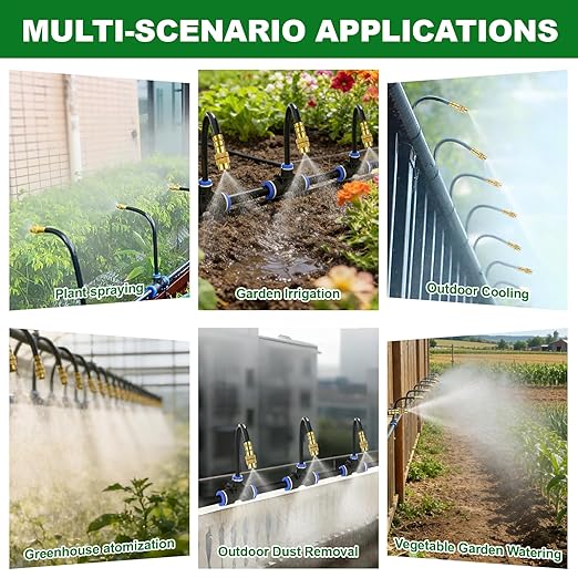 Drip Irrigation System 30FT, 1/4 inch Hose Garden Irrigation Kit with 10pcs 360° Adjustable Copper Nozzles, Upgrade Atomizing Watering System for Yard, Plants, Lawn, Greenhouses Accessories