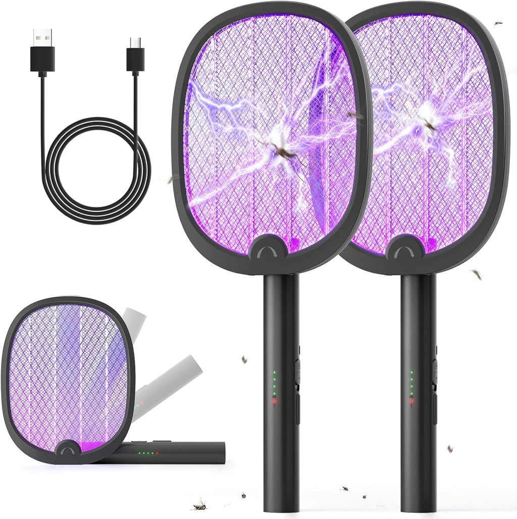 YISSVIC Electric Fly Swatter Foldable Bug Zapper Racket 2 in 1 Mosquito Killer with Purple Attractant Light Rechargeable 1800mAh for Indoor Home Backyard Patio Camping