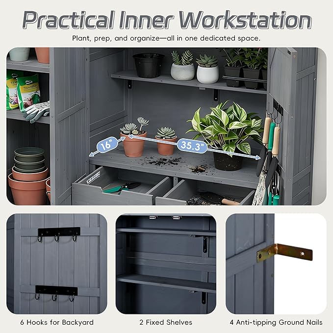 Outdoor Garden Storage Shed with Waterproof Roof, Farmhouse Potting Bench Table with 3 Doors Cabinets, 7 Storage Shelves, 2 Drawers, and 6 Hooks,Grey