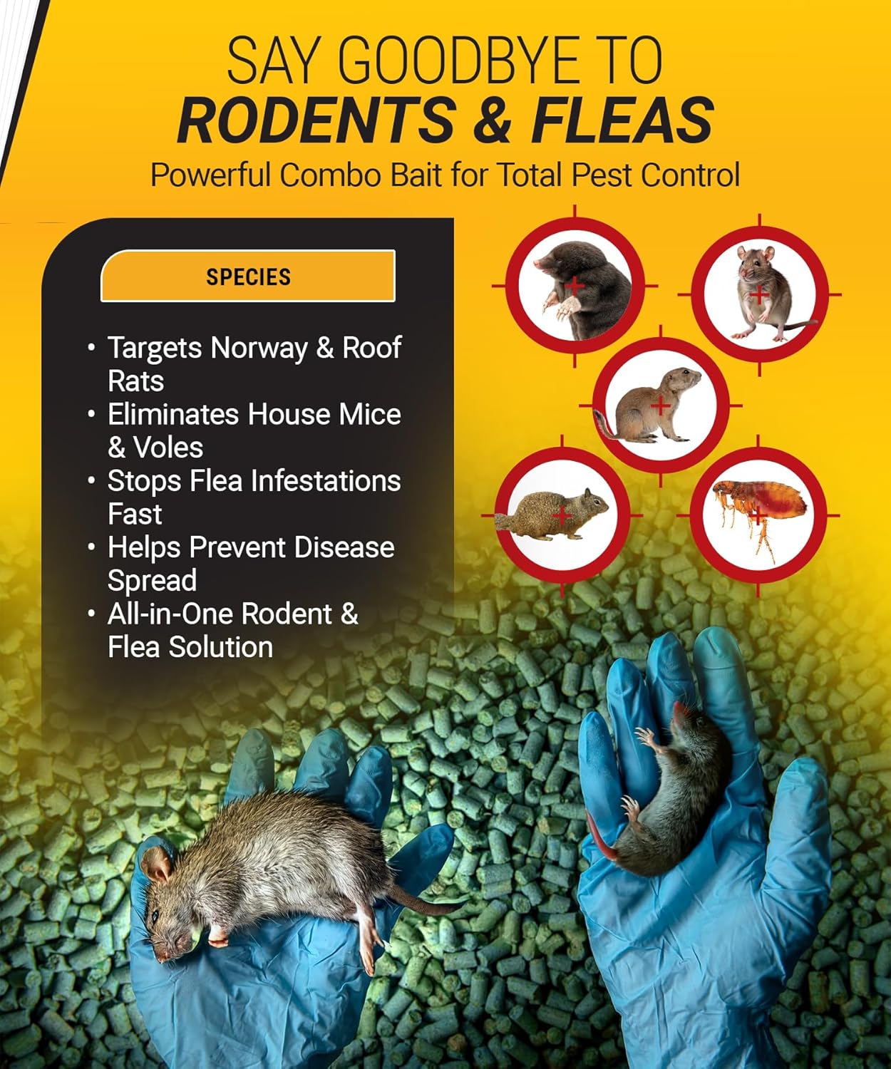Kaput Combo Bait Pellets, Rat Bait to Kill Rodents & Fleas, Norway, House Mice, & Pine Voles - Includes Warfarin & Imidacloprid for Effective Pest Control (32 x 2oz Place Packs)