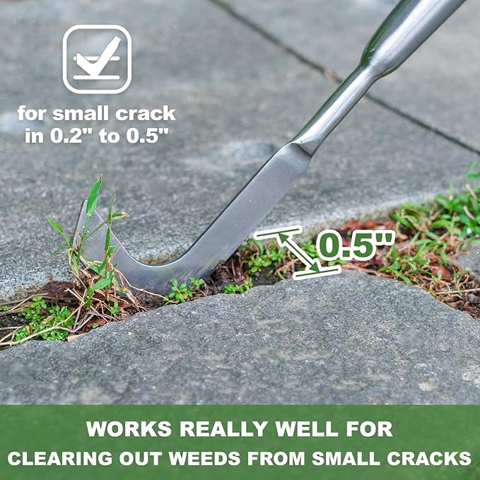 Haliaeetus Long Handle Crack Weeder Tool, 62'' L-Shape Stainless Steel Crevice Weeding Tool, Comfortable Wood Handle Paver Weeder, Sidewalk Weed Removal Tool for Driveway, Bricked Patio,Terrace Paving