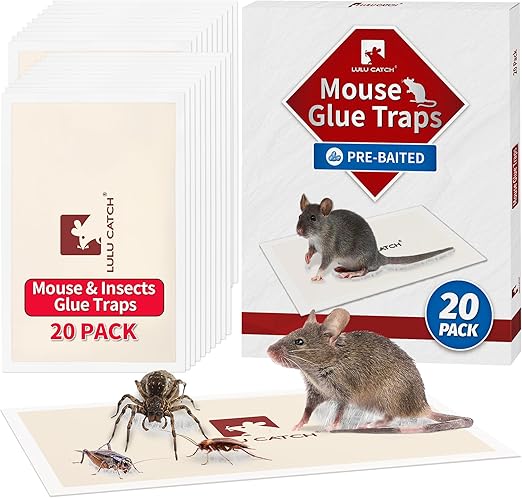 LULUCATCH Mouse Traps, 20 Pack Pre-Baited Sticky Mouse Traps Indoor for Home, Non-Toxic Bulk Sticky Pads, Glue Traps for Rats, Bugs, Spider, Mice, Cockroach, Pet Safe Pest Control