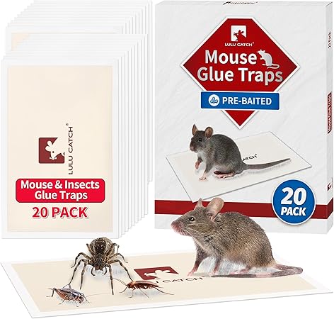 LULUCATCH Mouse Traps, 20 Pack Pre-Baited Sticky Mouse Traps Indoor for Home, Non-Toxic Bulk Sticky Pads, Glue Traps for Rats, Bugs, Spider, Mice, Cockroach, Pet Safe Pest Control