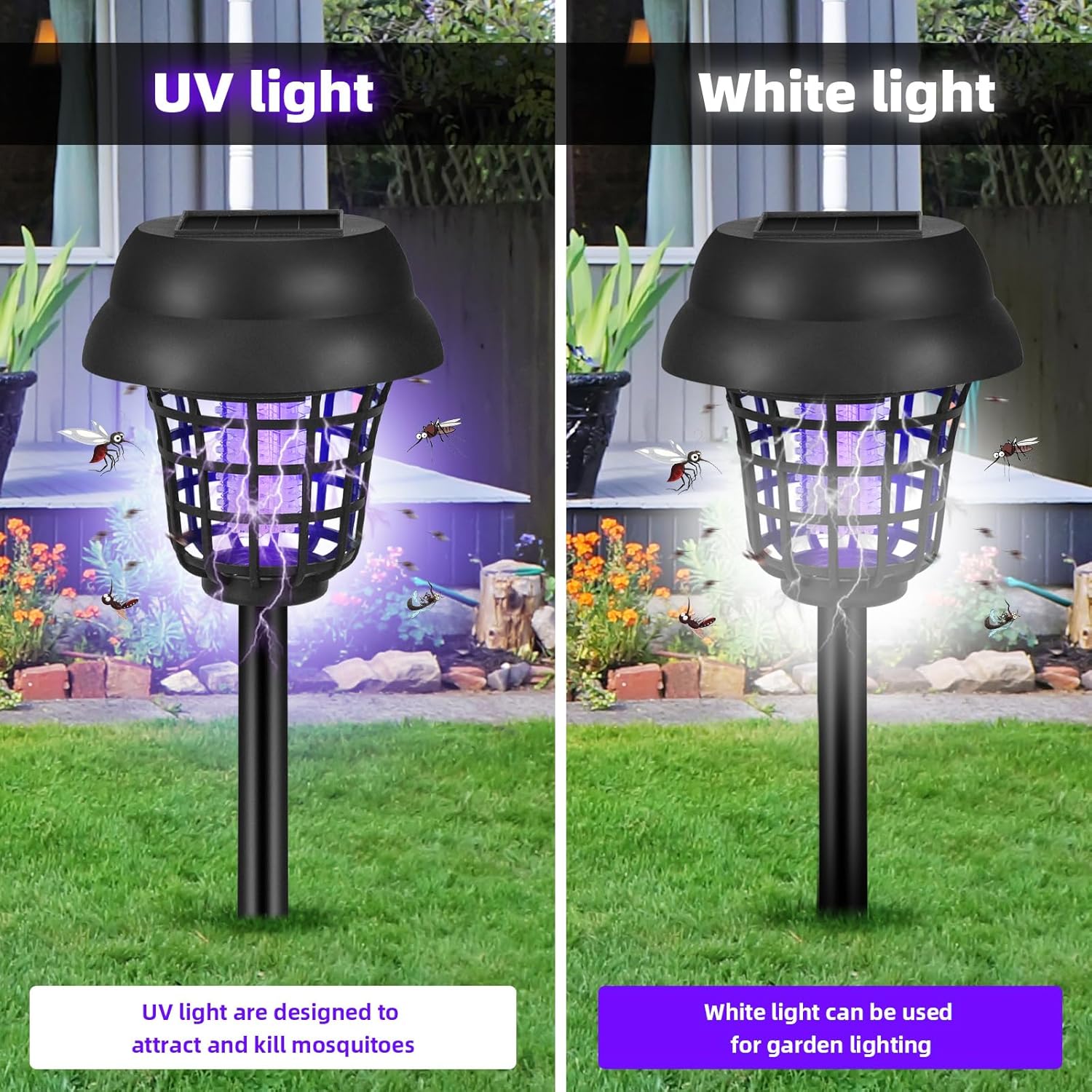 Solar Bug Zapper Outdoor Waterproof Solar Powered Mosquito Zapper Repellent Outdoor Patio, Cordless Fly Insect Zappers for Garden Yard Backyard Pathway Gnat Bug Lamp for Outside, Black,4 Pack