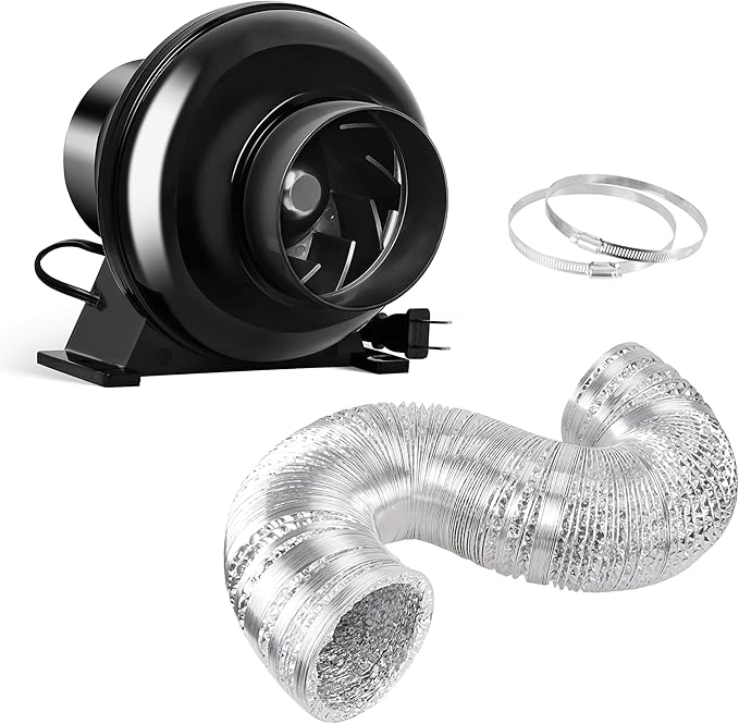 HealSmart 4 Inch 195 CFM Exhaust Inline Vent Booster Blower and 25 Feet Non-Insulated Flex Air Aluminum Foil with 2 Clamps for Indoor Grow Tent Hydroponics Ventilation, Quiet