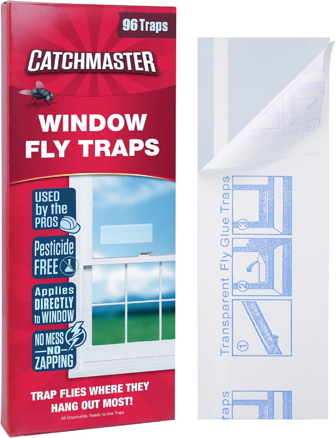Catchmaster Window Fly Traps 12-Pack, Fruit Fly Traps for Indoors, Disposable Bulk Bug Catcher, Waterproof Insect Glue Trap, Adhesive Strips, Pest Control for Home, Kitchen, & Garage