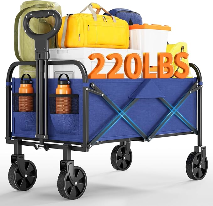 Wagons Carts Foldable, Garvee Utility Collapsible Wagon with All-Terrain Wheels, Drink Holders & Adjustable Handle, 220 LBS Portable Grocery Wagon for Shopping, Camping, Garden -Blue