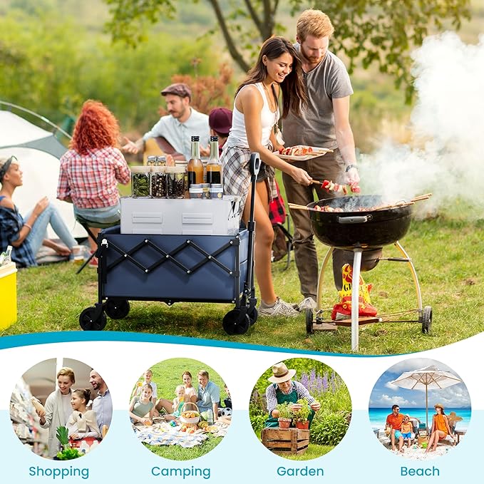 Collapsible Wagon with Tailgate, Wagons Carts Foldable with 350lbs Capacity, Lightweight Portable Utility Wagon Cart (Navy)