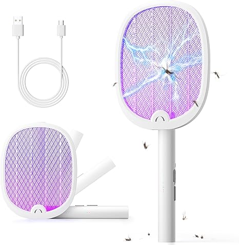 YISSVIC Electric Fly Swatter Foldable Bug Zapper Racket 2 in 1 Mosquito Killer with Purple Attractant Light Rechargeable 1800mAh for Indoor Home Backyard Patio Camping