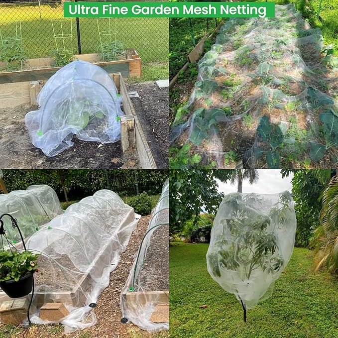 Garden Hoops and Netting for Raised Beds, Fiberglass Greenhouse Hoops Grow Tunnel with 10x50ft Ultra Fine Mesh Netting Kit Pest Barrier for Garden Protection, Deer Bird Insect Bug Gardening Plant Net