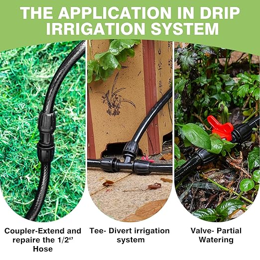 40 FT 1/2 inch Drip Irrigation Irrigation kit Main Line Supply Hose Tube for Garden Irrigation System (Includes 1/2"" Straight Connector, 3-Way Connector, Switch Valve), Black