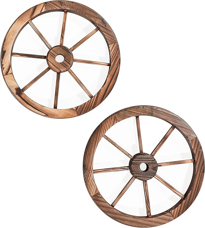 Decorative Vintage Wood Garden Wagon Wheel with Steel Rim - 13.7" Diameter - by Trademark Innovations (Set of 2)