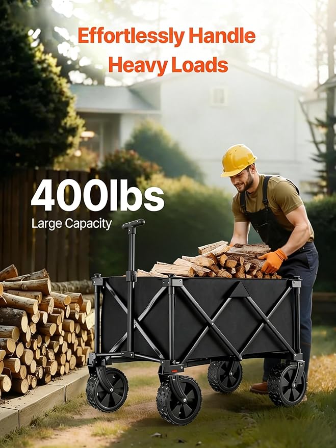 BEAU JARDIN Collapsible Folding Wagon Cart with Big Wheels Foldable Cart with 400LBS Capacity Utility Lightweight Wagon Heavy Duty Grocery Cart for Skiing Ice Fishing Camping Garden Shopping Christmas