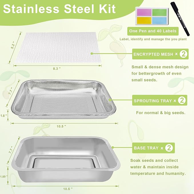 Stainless Steel Sprouts Growing Kit 2-Tier 10.4 inch Trays, Microgreens Growing Kit, Seed Sprouting Tray with Encrypted Mesh Sprouts for Beans Alfalfa Broccoli Wheat Grass