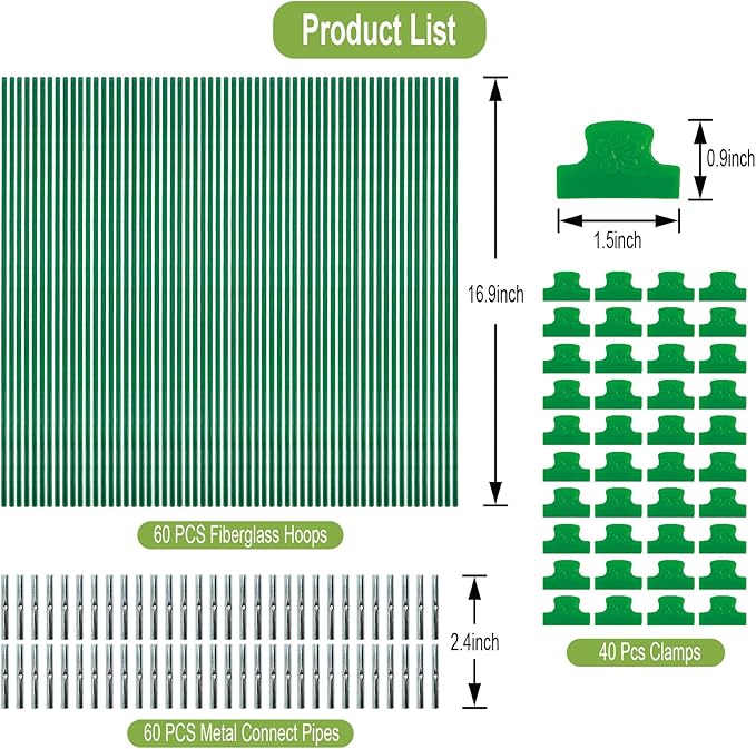 60PCS Garden Hoops for Raised Beds, 8FT Rust-Free Fiberglass Greenhouse Hoops, DIY Frame Stake to Create Grow Tunnels, Plant Support Row Covers & Garden Netting, 40Pcs Clips