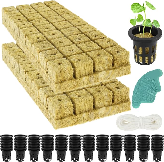 1.5inch Hydroponics Cubes, 72 Set Cubes with 72 Net Cups 30 Label, Good Absorption Hydroponics Mesh Net Cup Kit for Hydroponics Soilless Cultivation Seedlings Cuttings Clone Plants