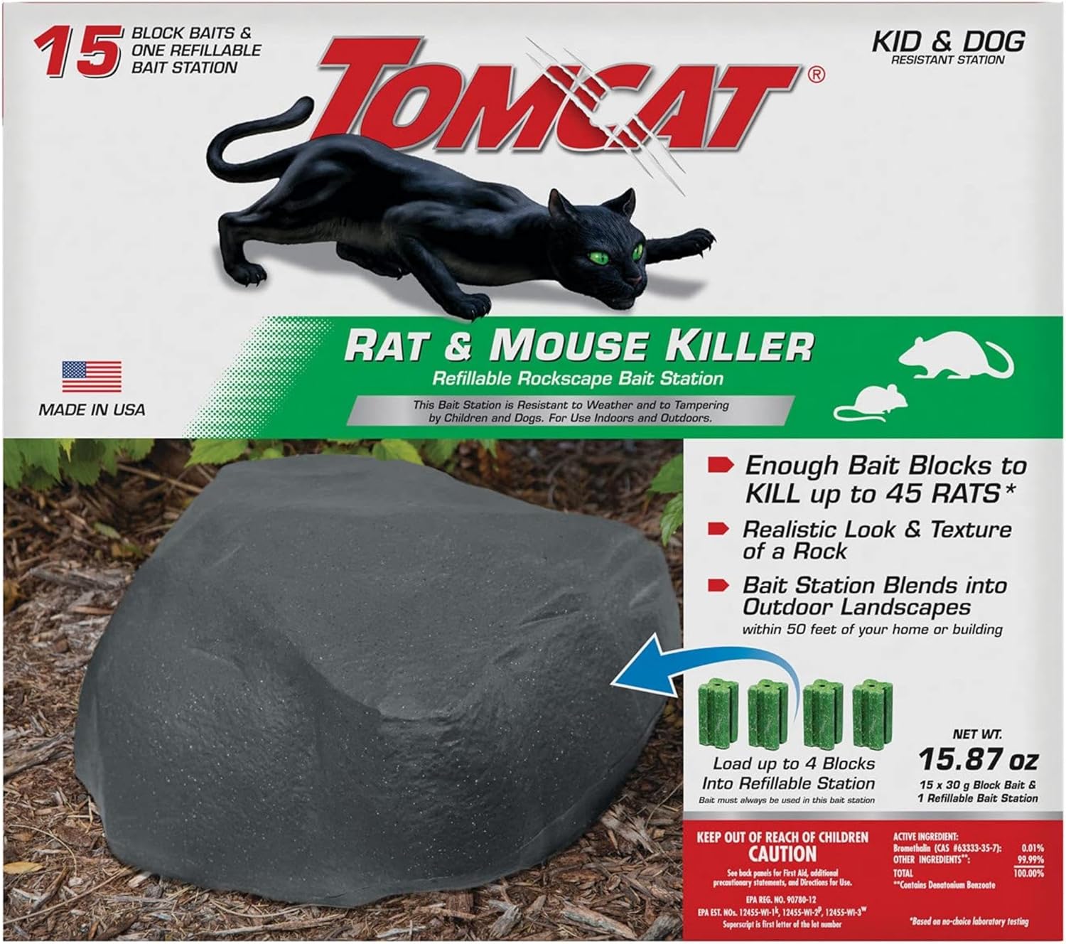 Tomcat Rat & Mouse Killer, Child & Dog Resistant Refillable Station — Tamper-Resistant Indoor/Outdoor Bait Station with Clear Monitoring Window, 1 Station and 15 Bait Blocks