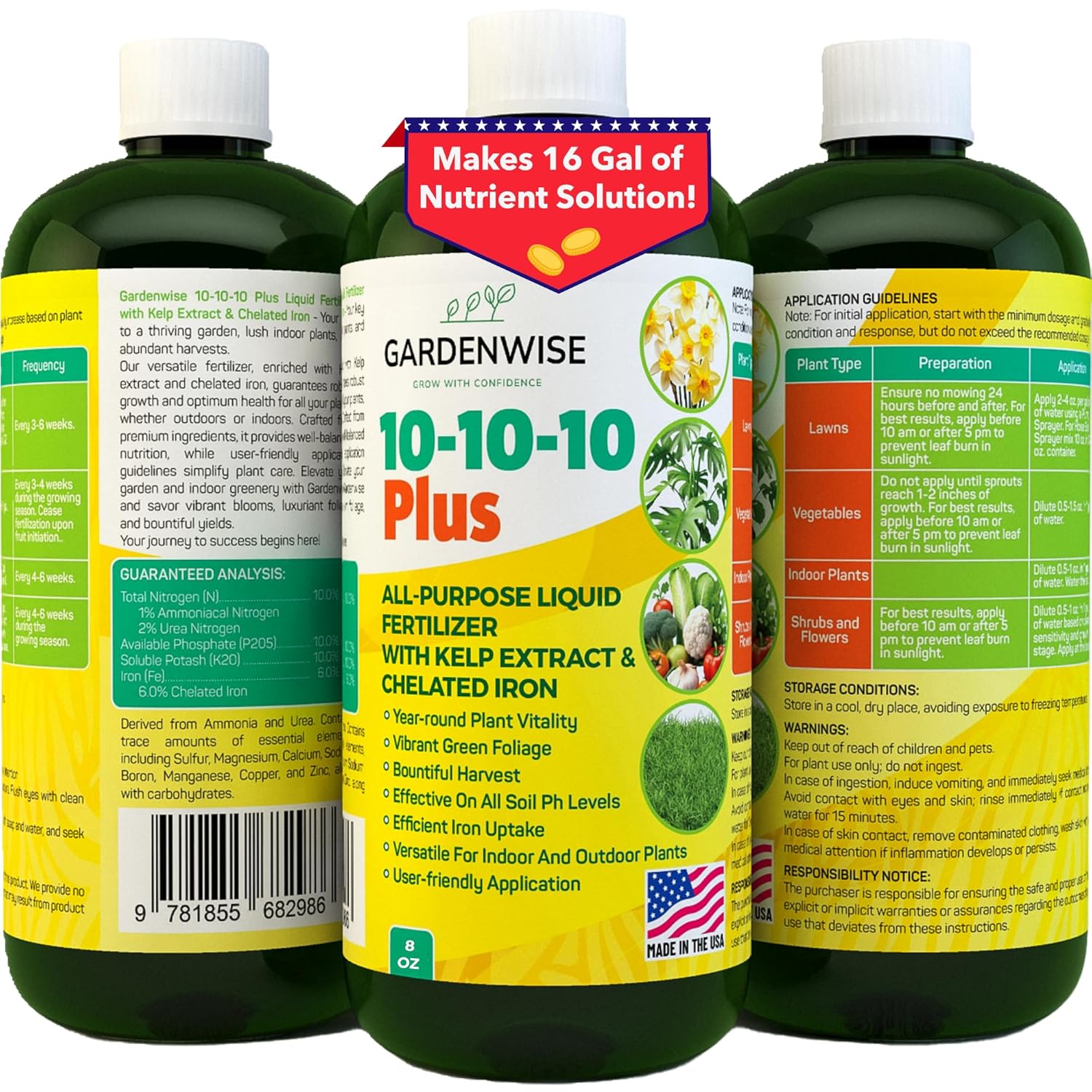 10-10-10 All Purpose Plant Food - Liquid Fertilizer with Seaweed Kelp & Iron - Indoor & Outdoor Plant Food, Vegetables, Flowers, Lawn & Garden 1x8oz
