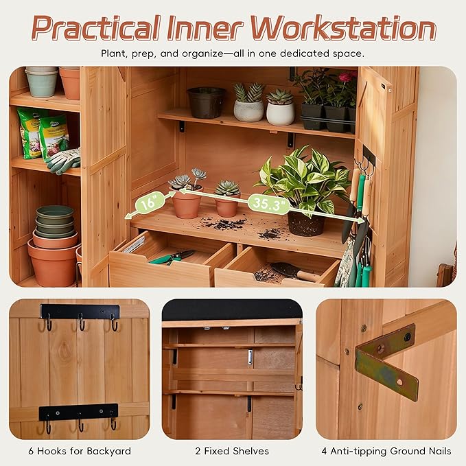 Outdoor Garden Storage Shed with Waterproof Roof, Farmhouse Potting Bench Table with 3 Doors Cabinets, 7 Storage Shelves, 2 Drawers, and 6 Hooks,Natural