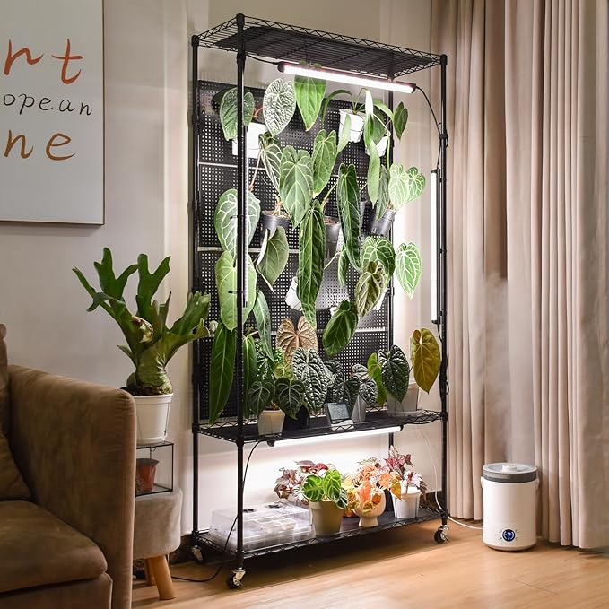 Bstrip Plant Cabinet with Pegboard, 3 Tier Plant Shelf with Grow Light, Metal Plant Stand with 4 Pack 96W Grow Lights for Indoor Plant, Foliage Plants, Seed Starting, 35.4"x13.8"x71"