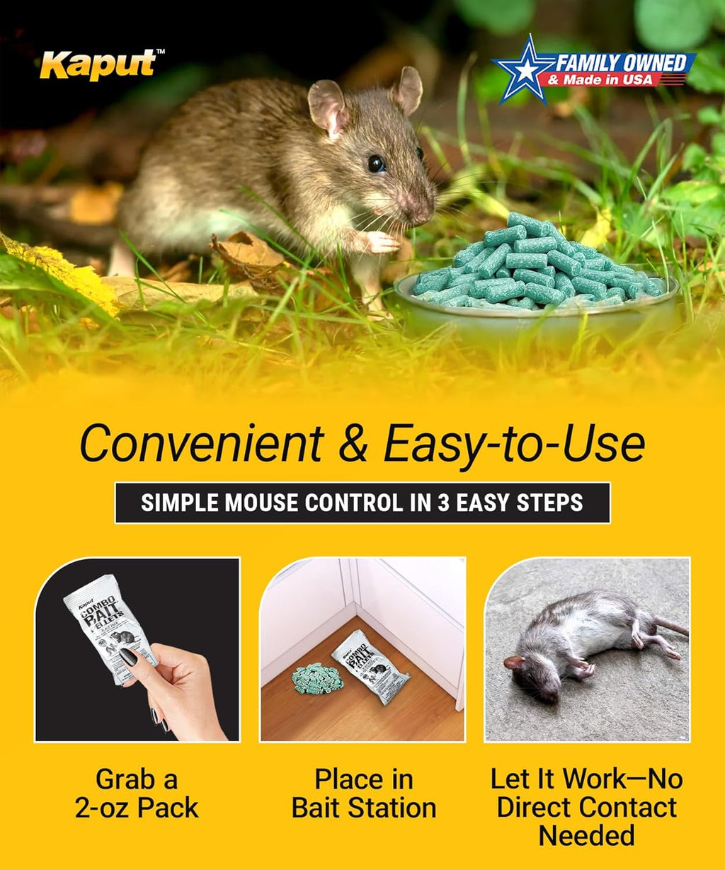 Kaput Combo Bait Pellets, Rat Bait to Kill Rodents & Fleas, Norway, House Mice, & Pine Voles - Includes Warfarin & Imidacloprid for Effective Pest Control (32 x 2oz Place Packs)