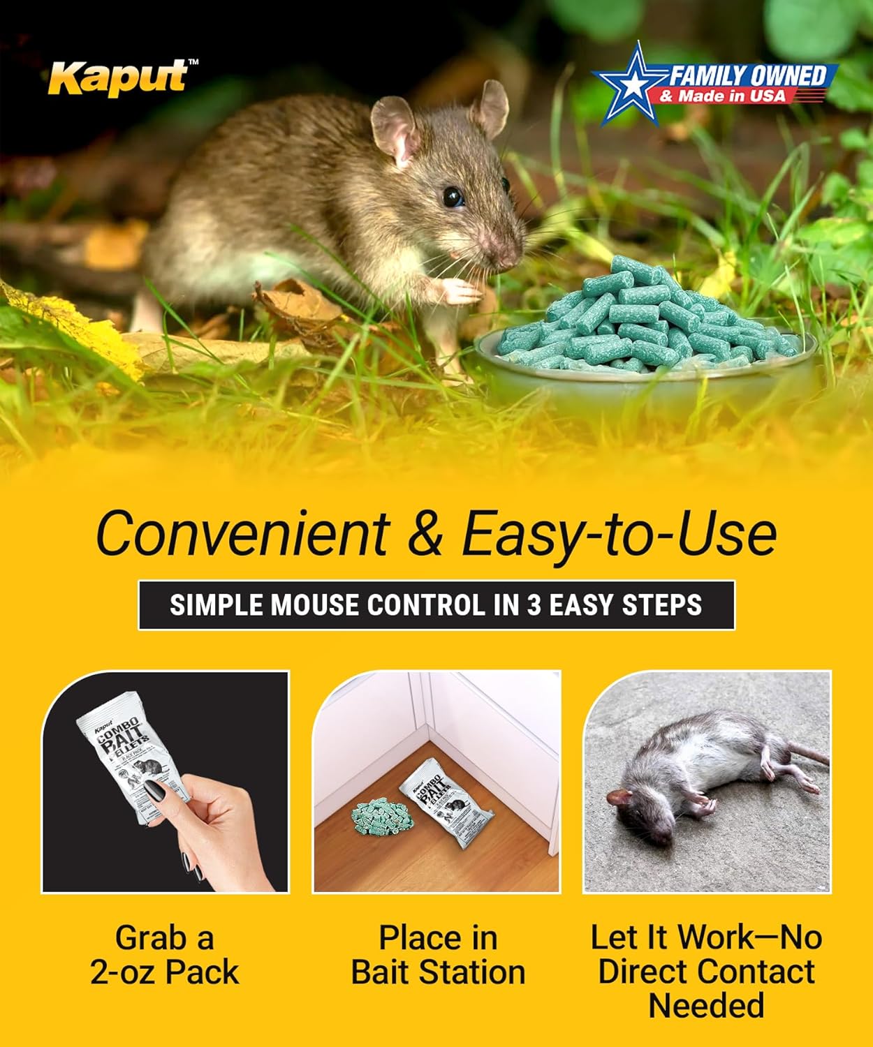 Kaput Combo Bait Pellets, Rat Bait to Kill Rodents & Fleas, Norway, House Mice, & Pine Voles - Includes Warfarin & Imidacloprid for Effective Pest Control (32 x 2oz Place Packs)