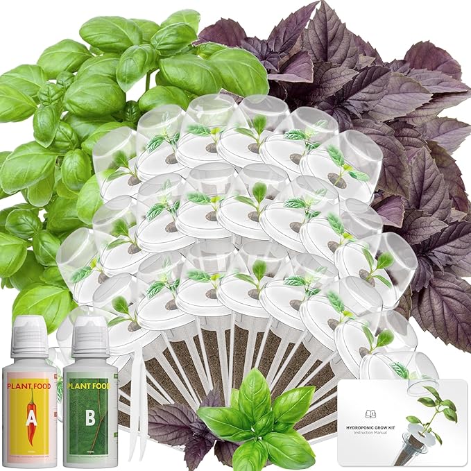 Hydroponics Seed Pod with Genovese Basil & Purple Basil, 24 Pods Complete Kit with Sponge, Basket, Dome, Label, Compatible with AeroGarden, Ahopegarden, GARDENCUBE, iDoo & MUFGA Indoor Smart Gardens