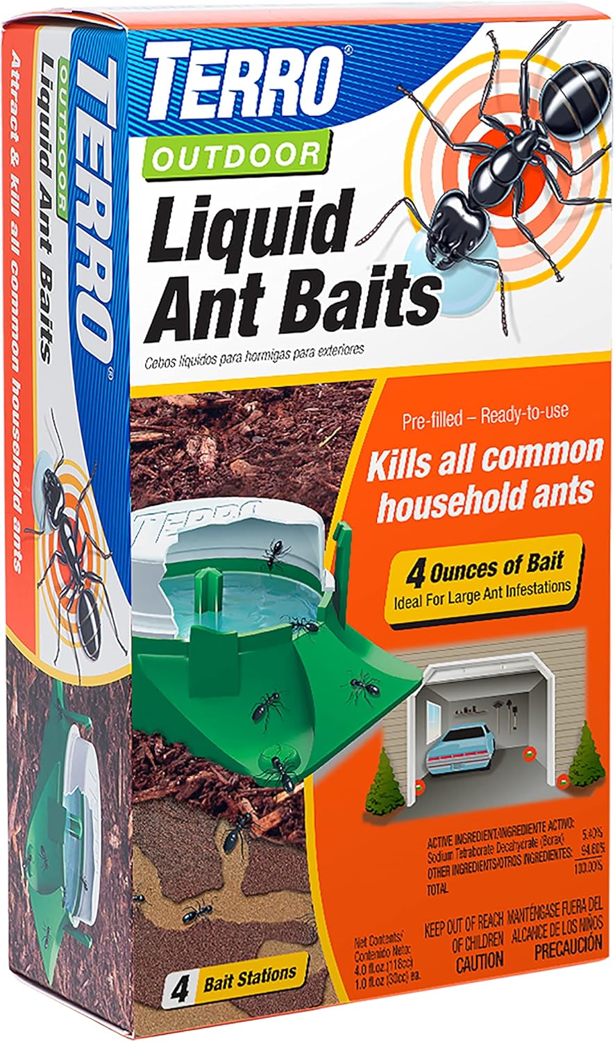 TERRO T1804-6 Outdoor Ready-to-Use Liquid Ant Bait Killer and Trap - Kills Common Household Ants - 4 Bait Stations