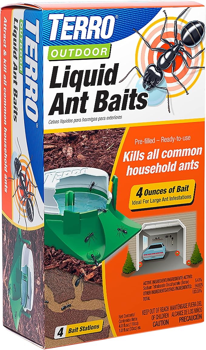 TERRO T1804-6 Outdoor Ready-to-Use Liquid Ant Bait Killer and Trap - Kills Common Household Ants - 4 Bait Stations